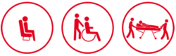 Drei Priktogramme für Rollstuhltransport, Liegendtransport und sonstige Personenbeförderung